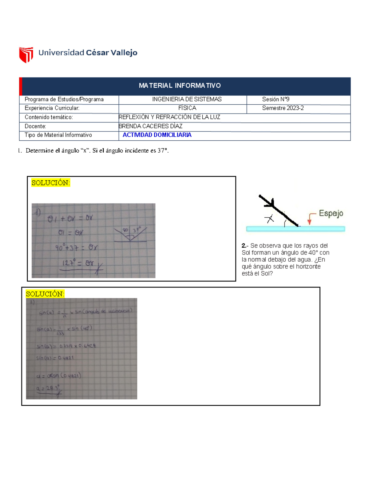 9 Optica Actividad Dom 202331 10 23 1 Determine El ángulo X” Si El