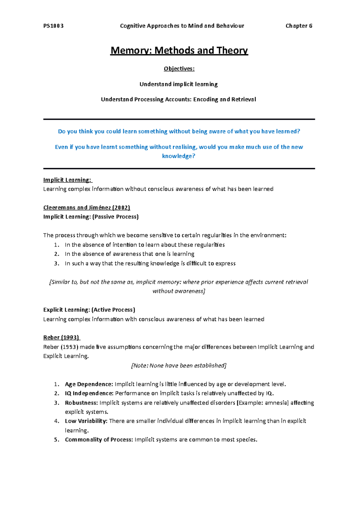 1. Memory - Methods & Theory - PS1003 Cognitive Approaches to Mind and ...