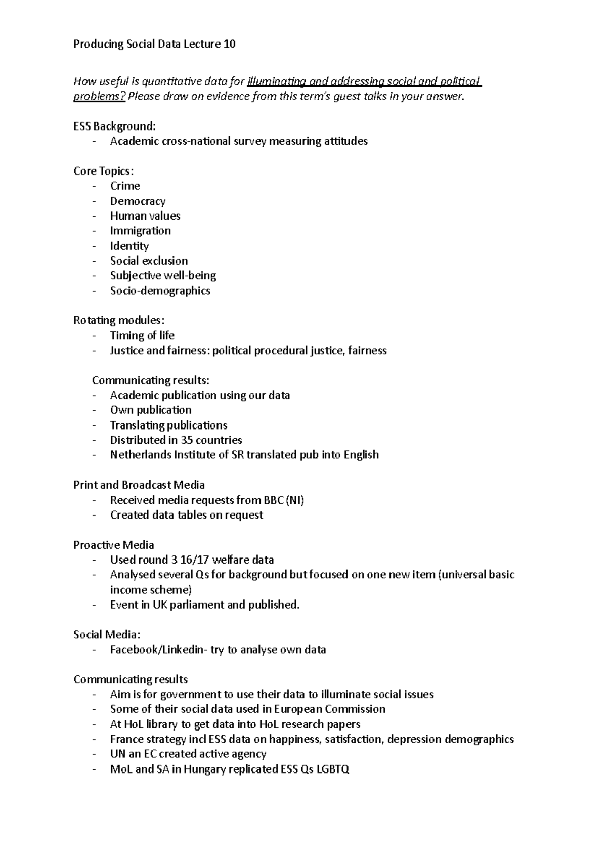 Producing Social Data Lecture 10 - ESS Background: - Academic cross ...