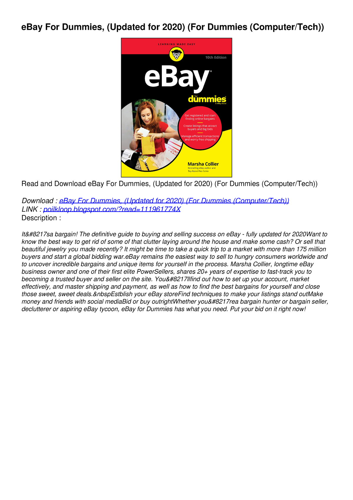 EPUB DOWNLOAD EBay For Dummies Updated For 2020 For Dummies   Thumb 1200 1698 