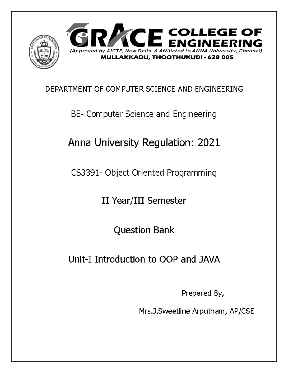 III CSE CS3391 OOP QB Unit1 - DEPARTMENT OF COMPUTER SCIENCE AND ...