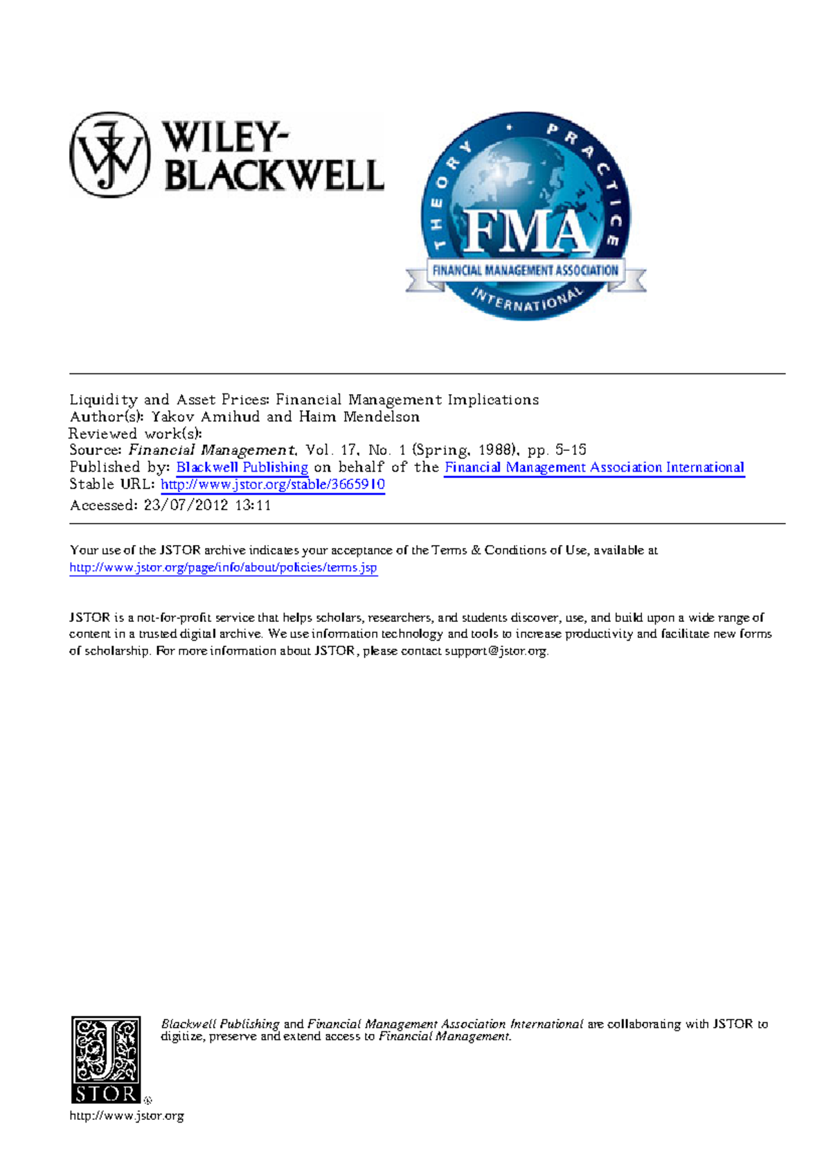 Liquidity and Asset Prices Financial Management Implications 17, No