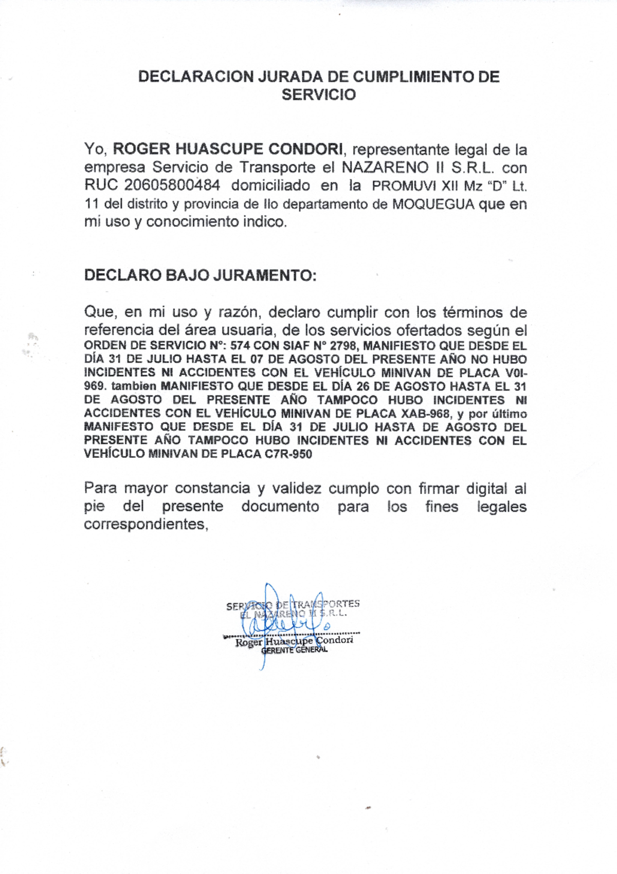 Declaracion jurada - DECLARACION JURADA DE CUMPLIMIENTO DE SERVICIO Yo ...