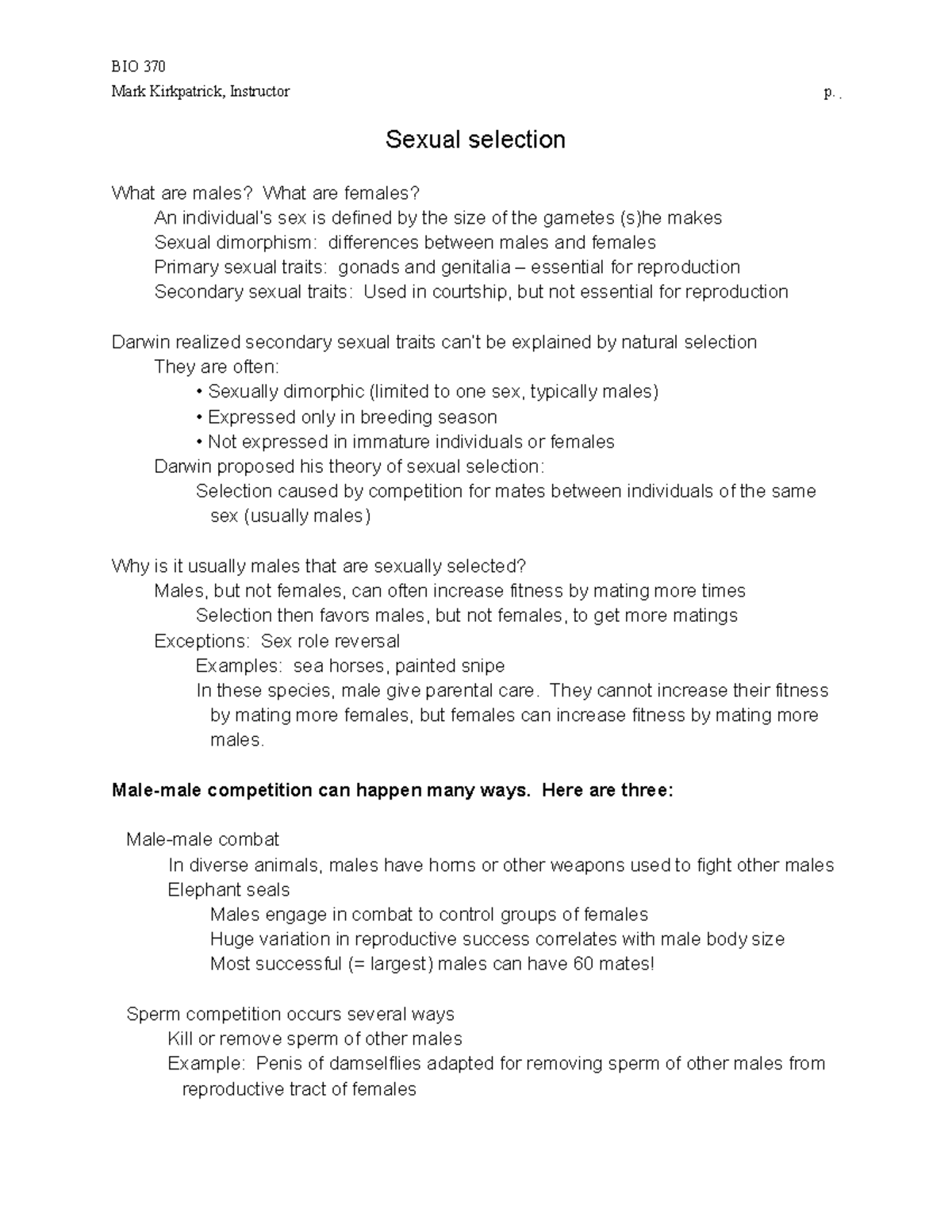 8) Sexual selection outline BIO 370 Mark Kirkpatrick, Instructor p