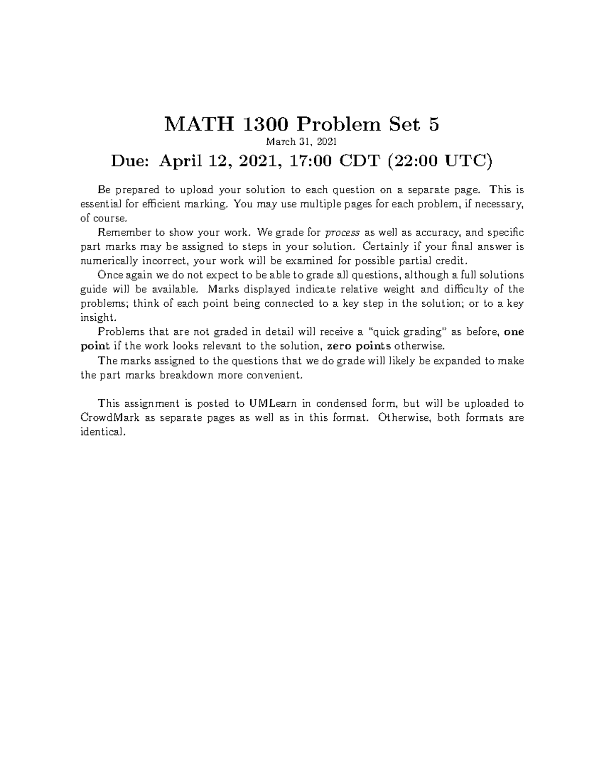Problem Set 5 Winter 2021 Math 1300 UofM - MATH 1300 Problem Set 5