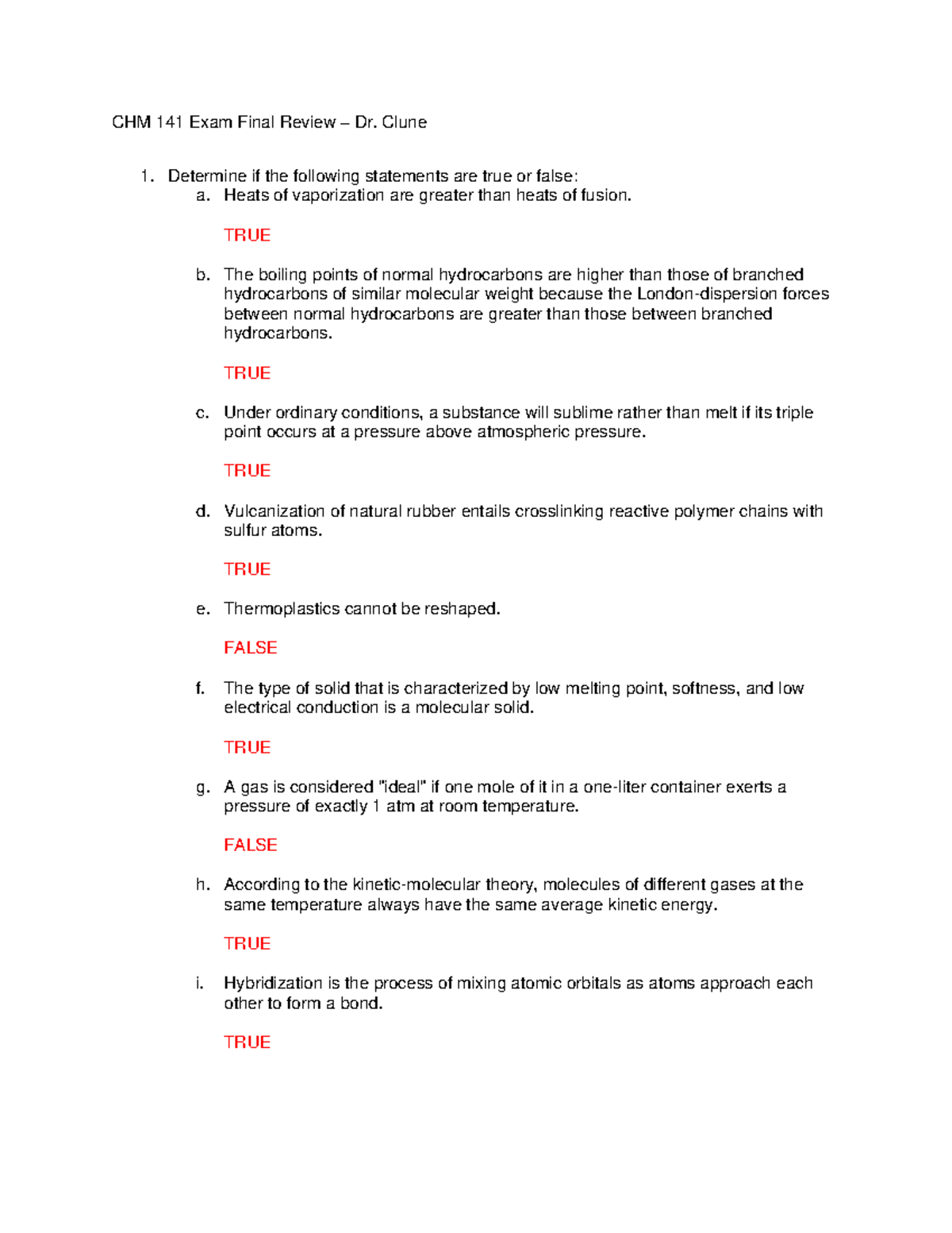 CHM 141 Exam Final Review - Key - CHM 141 Exam Final Review – Dr. Clune ...