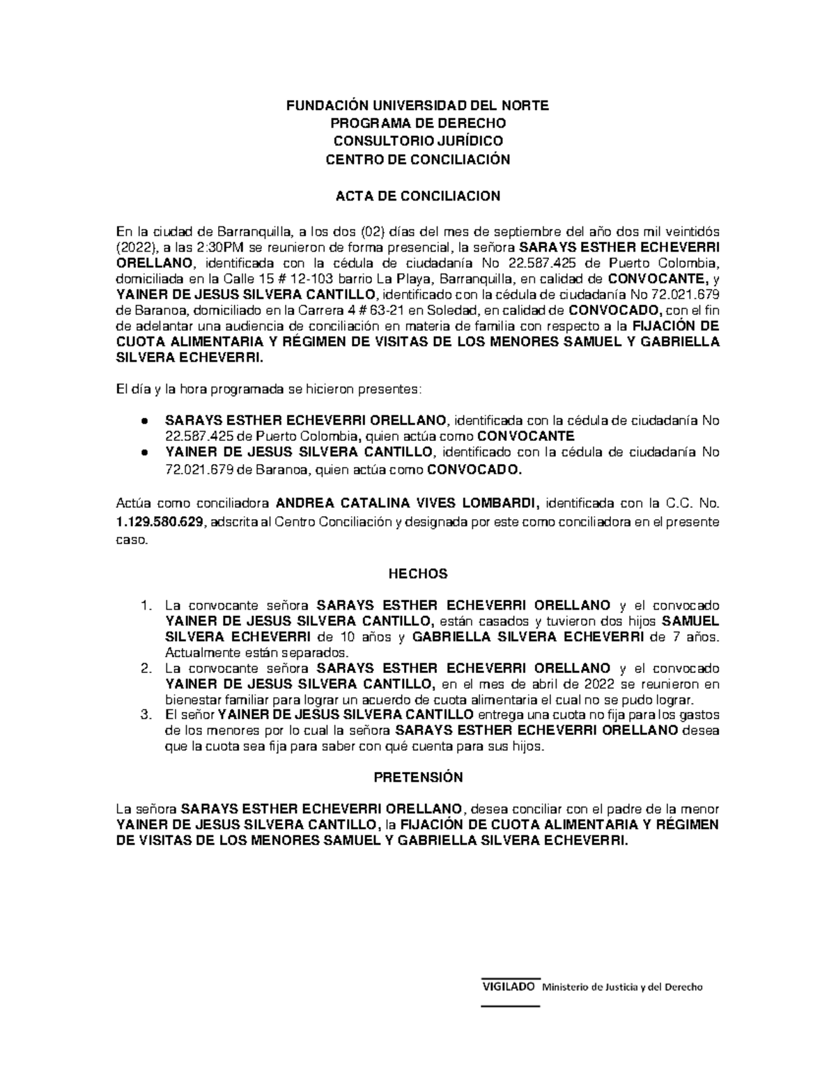 ACTA DE Conciliación Modelo - FUNDACIÓN UNIVERSIDAD DEL NORTE PROGRAMA ...