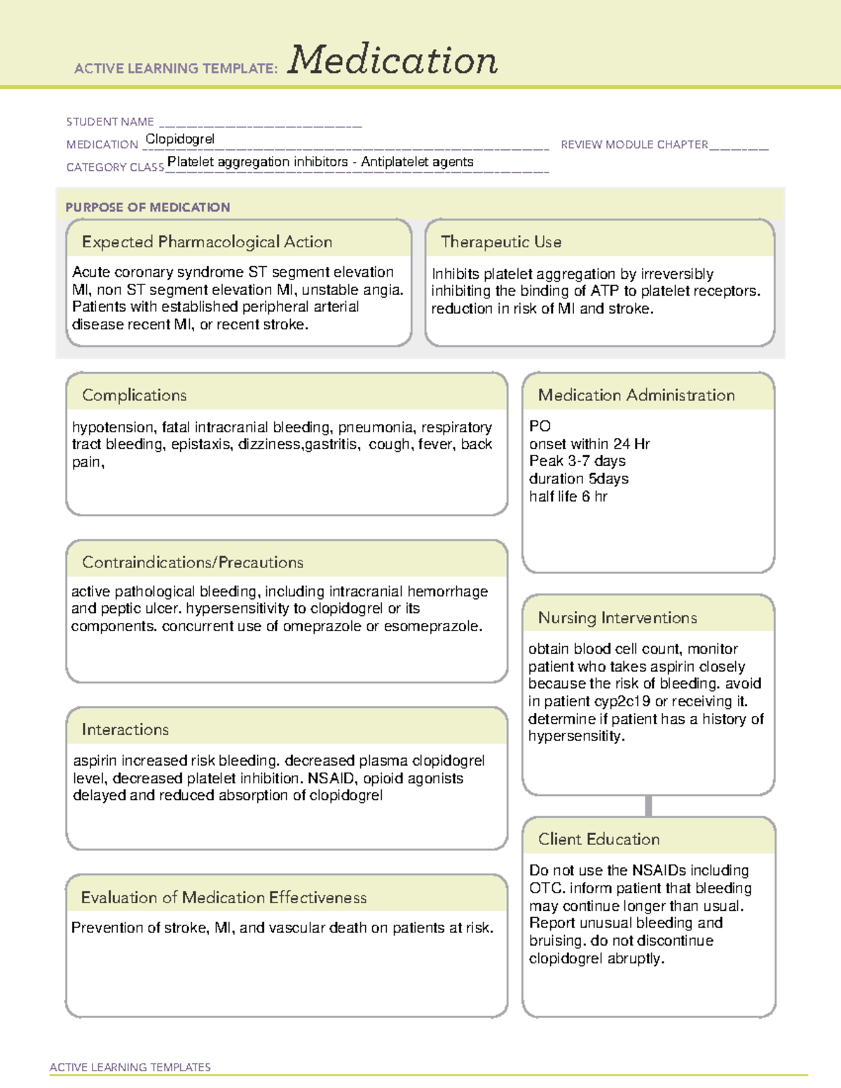 Clopidogrel - Med List - Active Learning Templates Medication Student 