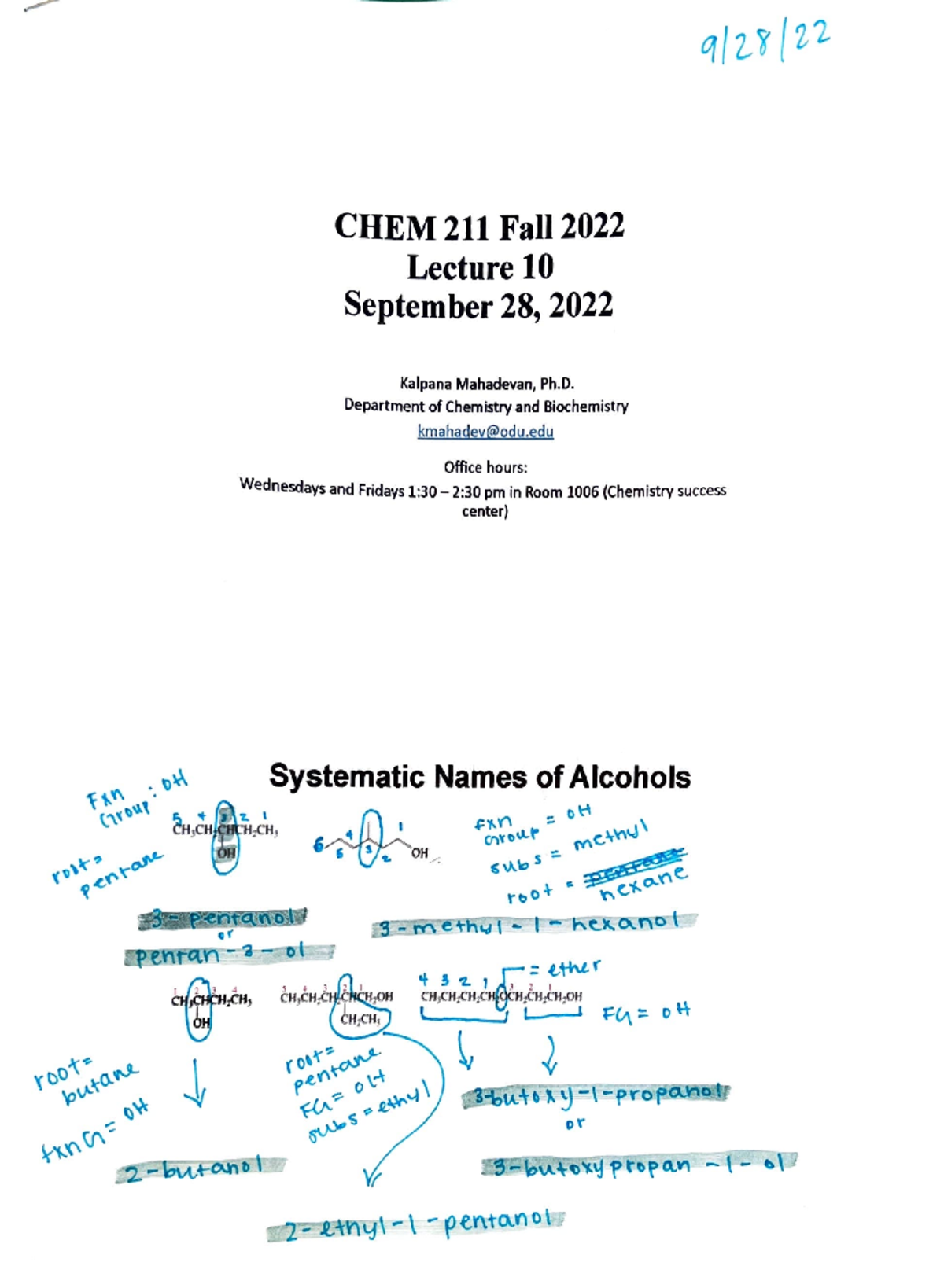 Chem 211 Lecture 10 Notes - CHEM 211 Fall 2022 Lecture 10 September 28 ...