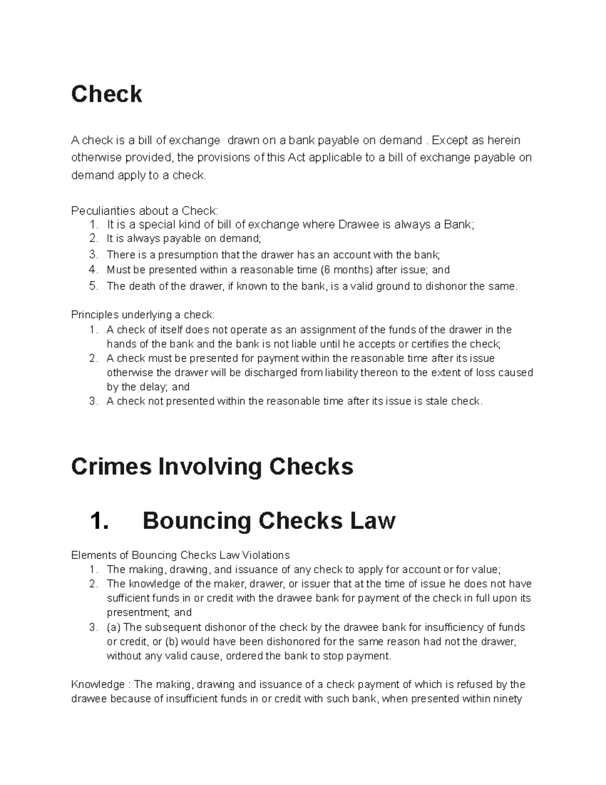 Bouncing Check Lecture Notes 1 Check A Check Is A Bill Of Exchange 