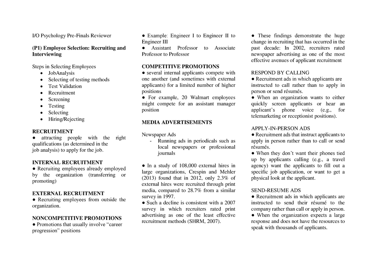 IO Psych Prefi Reviewer - I/O Psychology Pre-Finals Reviewer (P1 ...