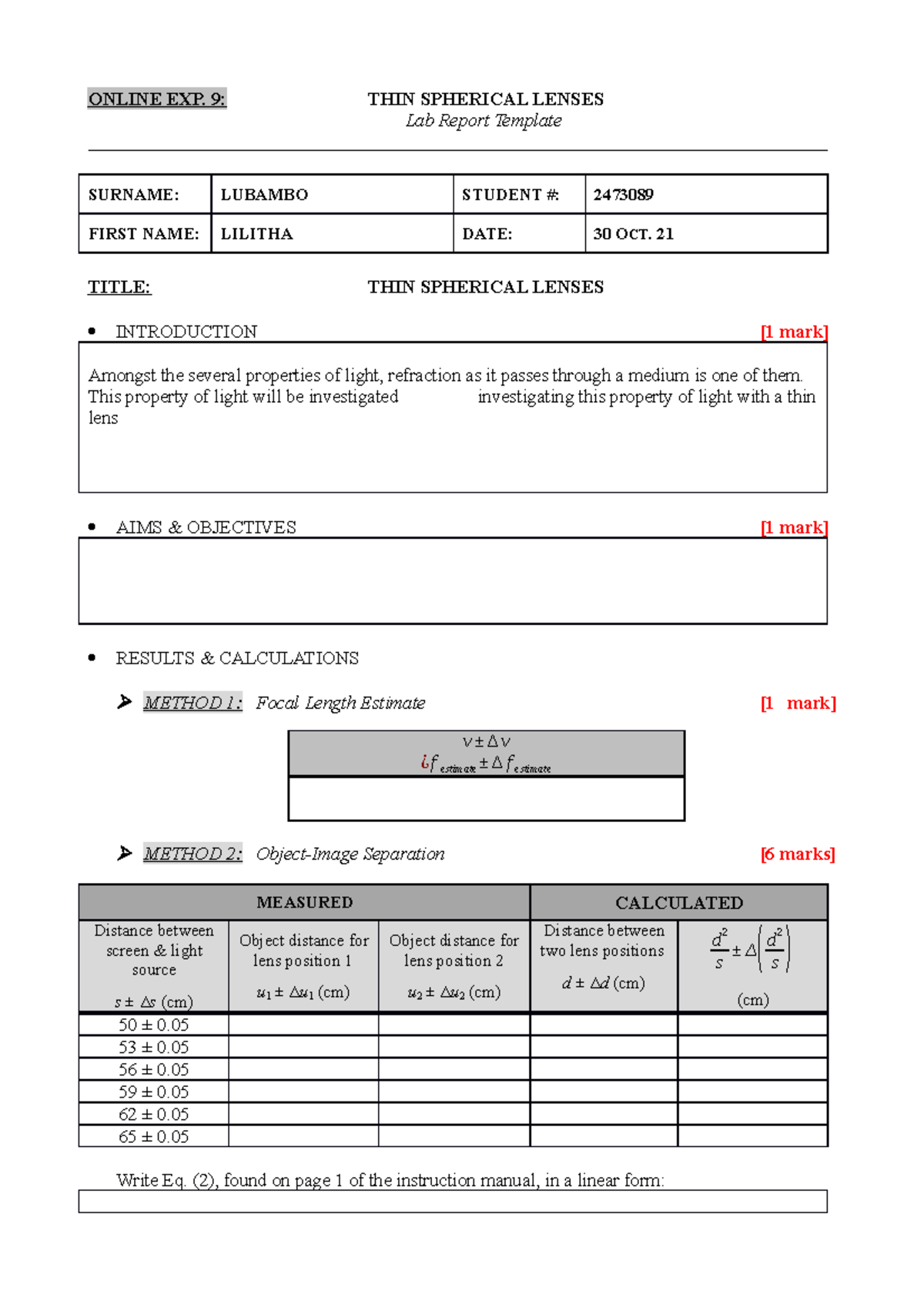 Online Exp06 - Thin Lenses - Lab Report Template - ONLINE EXP. 9: THIN ...