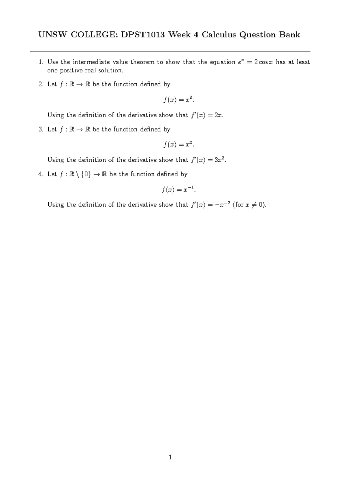 In Class homework Week4Calculus - UNSW COLLEGE: DPST1013 Week 4 ...