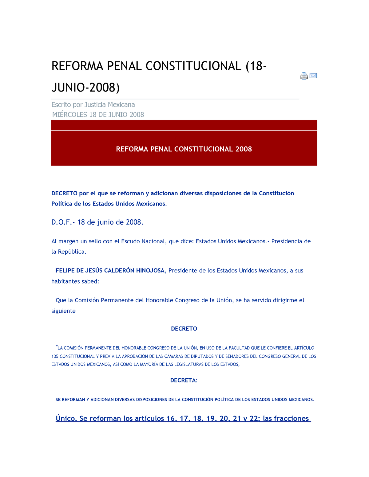 Decreto DE Reforma Constitucional EN Materia Penal DEL 19 Junio 2008 ...