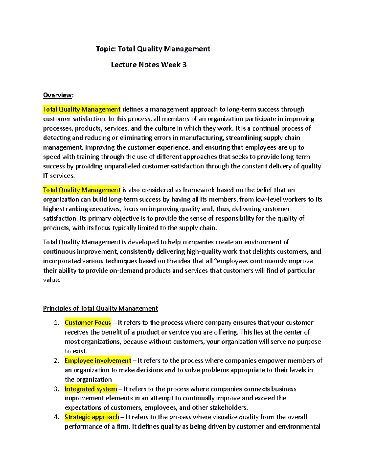 Total Quality Management - Topic: Total Quality Management Lecture ...