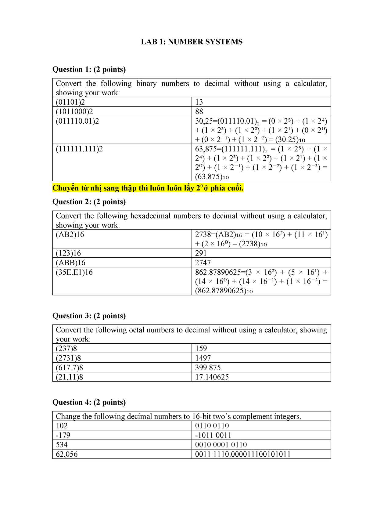 Cau hoi LAB1 - qihsqh - LAB 1: NUMBER SYSTEMS Question 1: (2 points ...