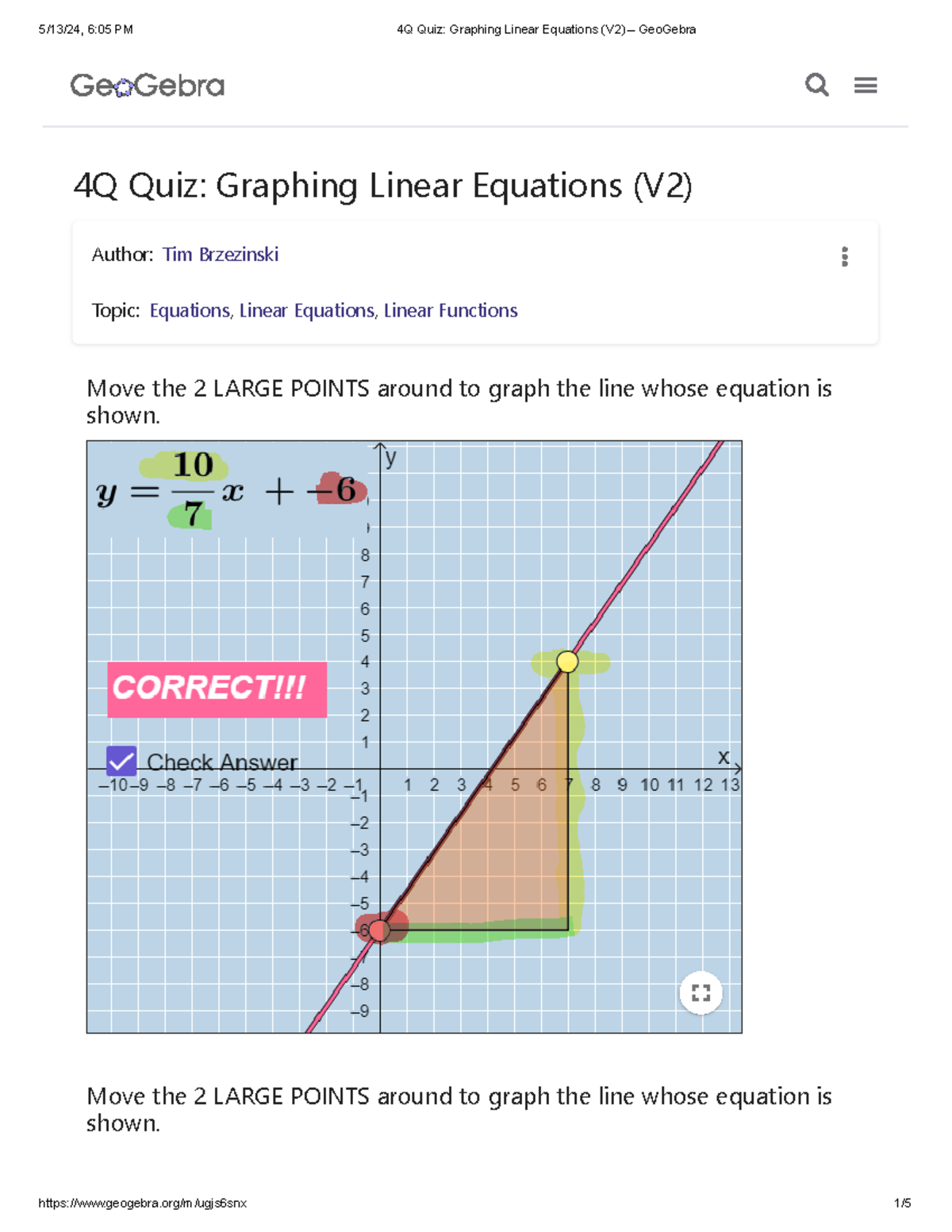 4Q Quiz Graphing Linear Equations (V2) – Geo Gebra - Move the 2 LARGE ...