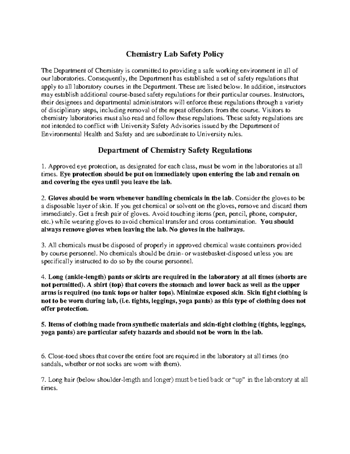Department of Chemistry Safety Regulations-1 - Chemistry Lab Safety ...