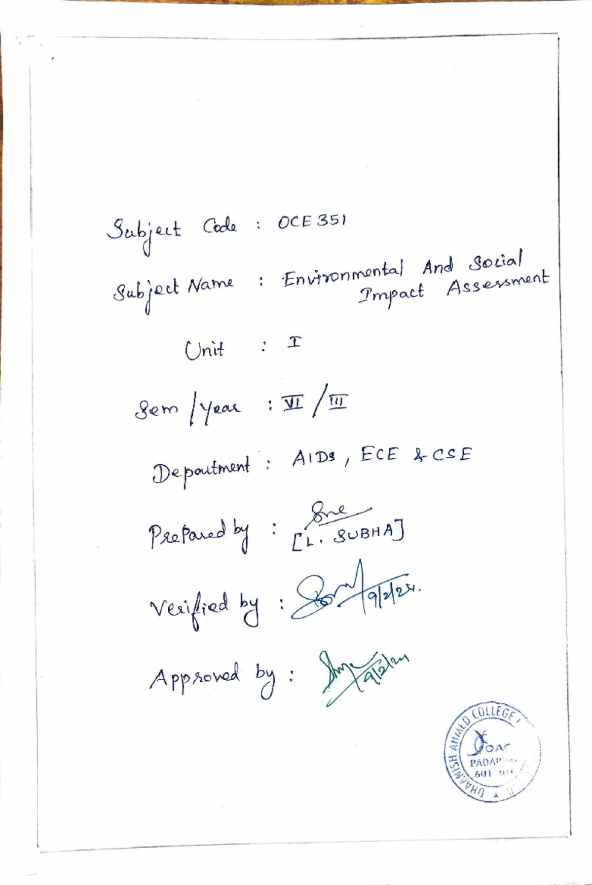 UNIT 1- ESIA - This is ESIA - Subject Code : OCE 351 And social Subject ...