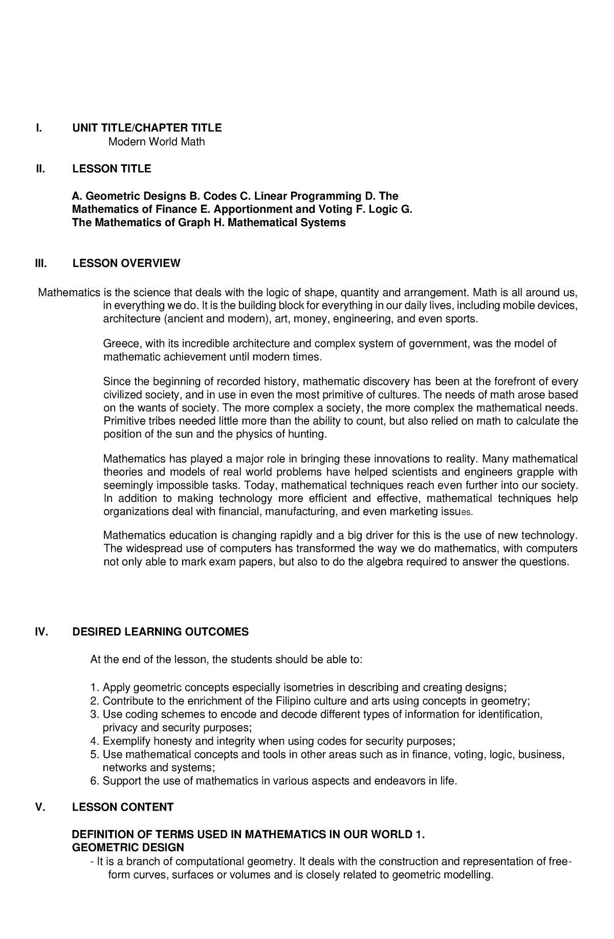 Mathematics IN Modern World - Lesson 5 - I. UNIT TITLE/CHAPTER TITLE ...