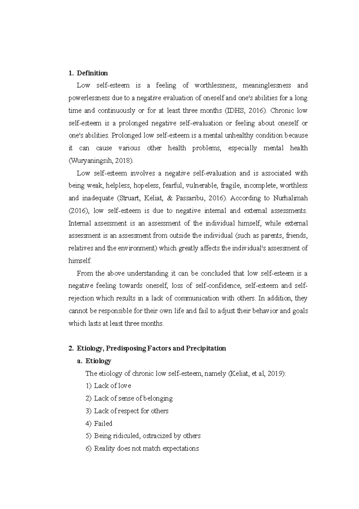 Low Self Esteem Preliminary Report 1 Definition Low Self esteem Is A 