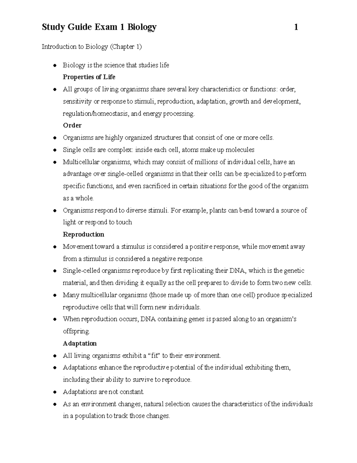 Study Guide For Biology Exam 1 - Introduction To Biology (Chapter 1 ...