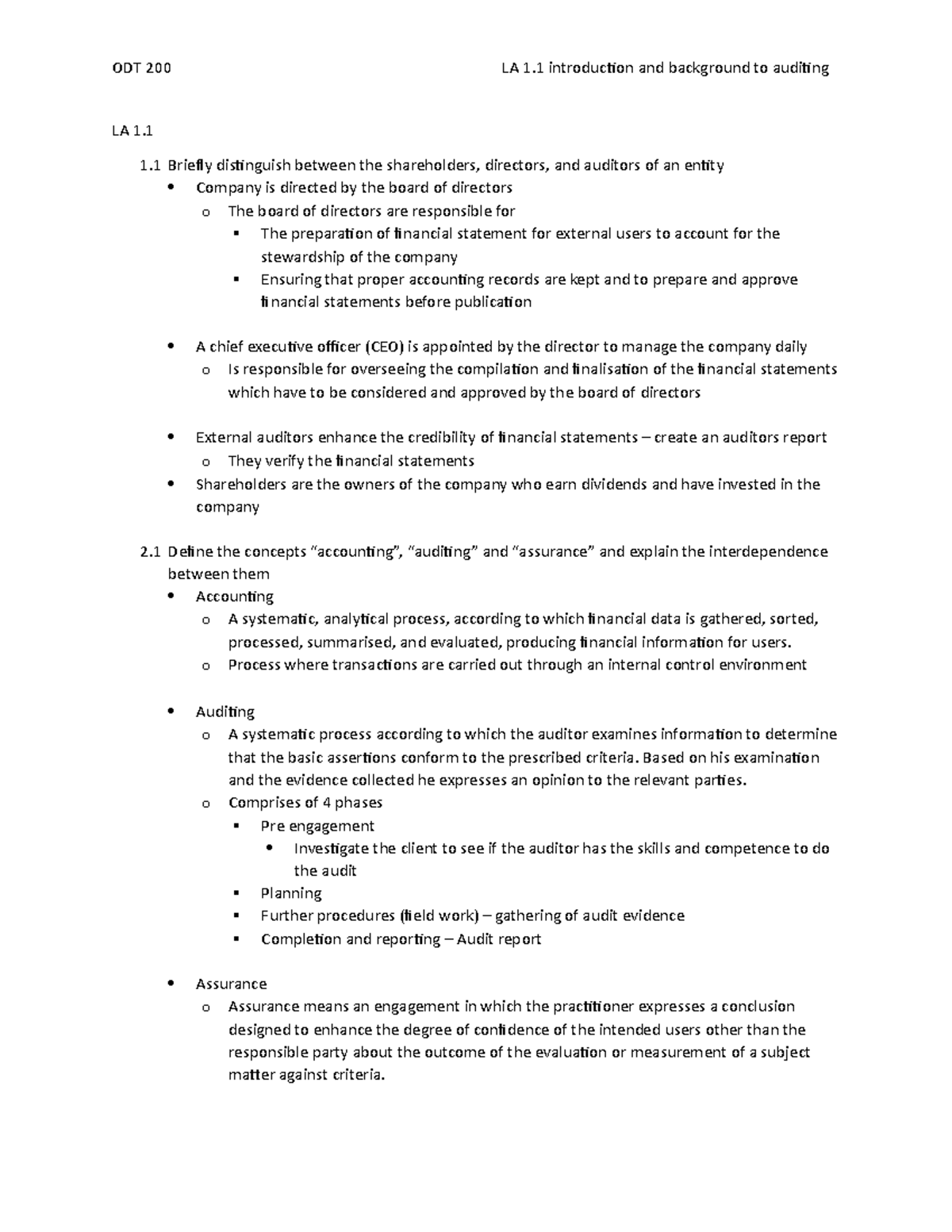 LA 1.1 introduction and background to auditing - LA 1. 1 Briefly ...