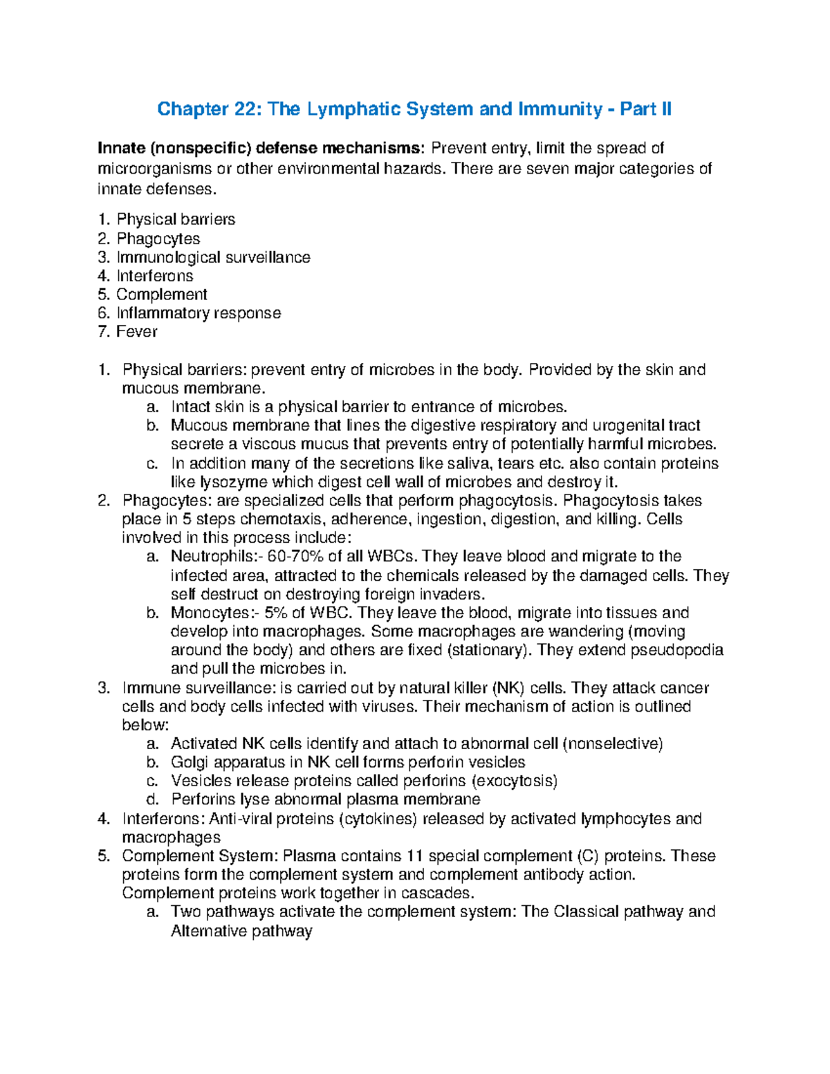 Lecture Notes 22 Lymphatic System And Immunity Pt2 - Chapter 22: The ...