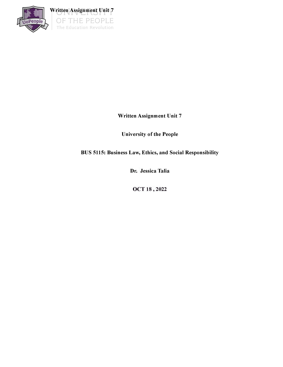 Written Assignment Unit 7-2 - Written Assignment Unit 7 University Of ...