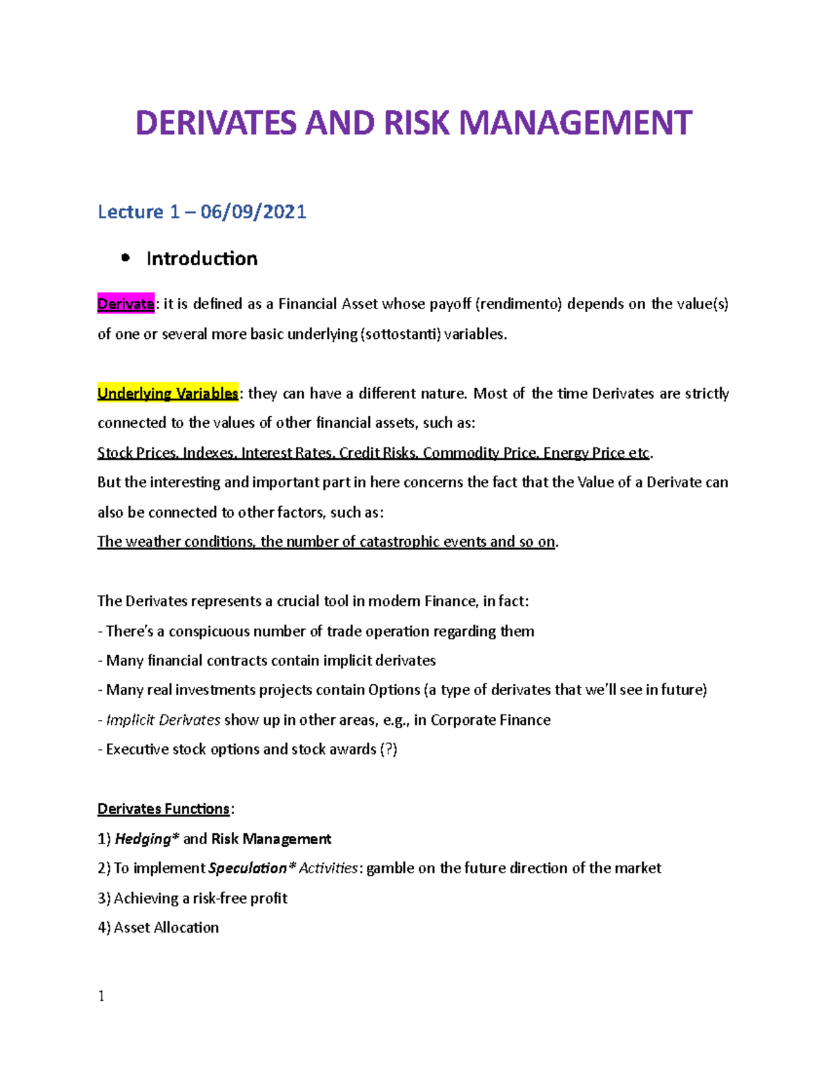 Derivates AND RISK Management - DERIVATES AND RISK MANAGEMENT Lecture 1 ...