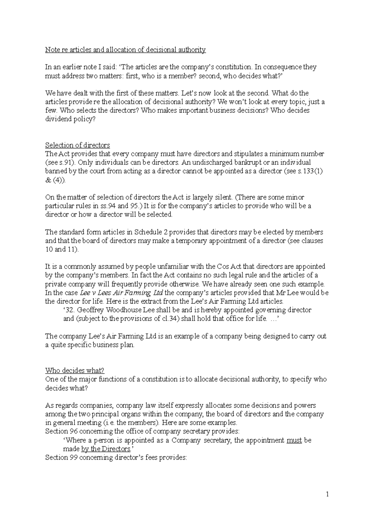 Note re articles and allocation of decisional authority - In ...