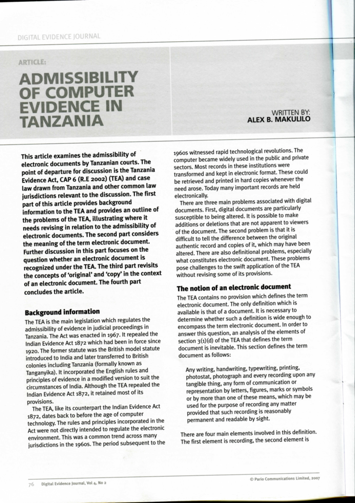 Admissibility of Computer Evidence in Tanzania - Law of Evidence II ...