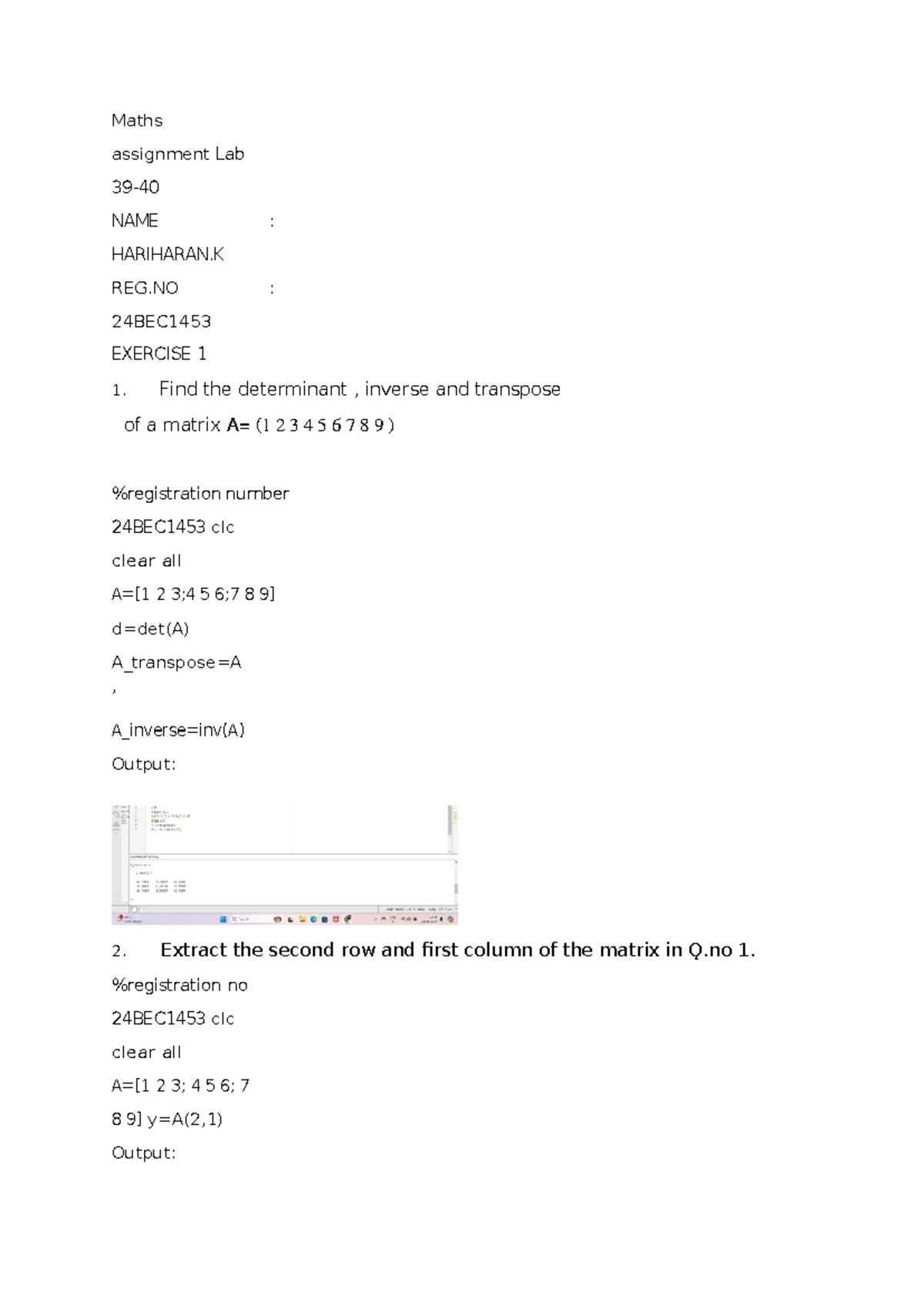 MATLAB Notes 2024 Nov. - Maths assignment Lab 39- NAME : HARIHARAN REG ...
