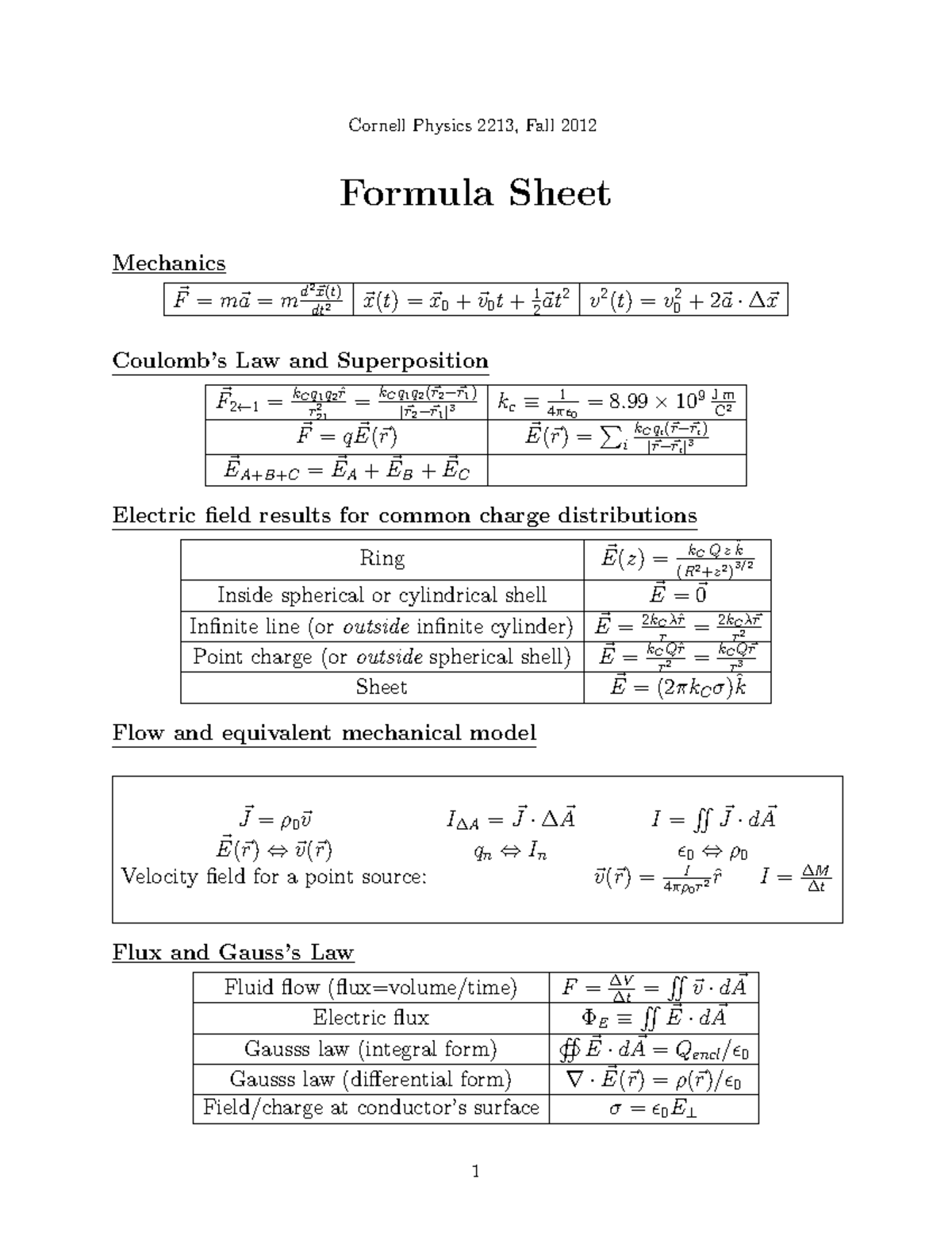 Formula Cornell Physics 2213, Fall 2012 Formula Sheet Mechanics F = ma = m d 2 x(t) dt 2