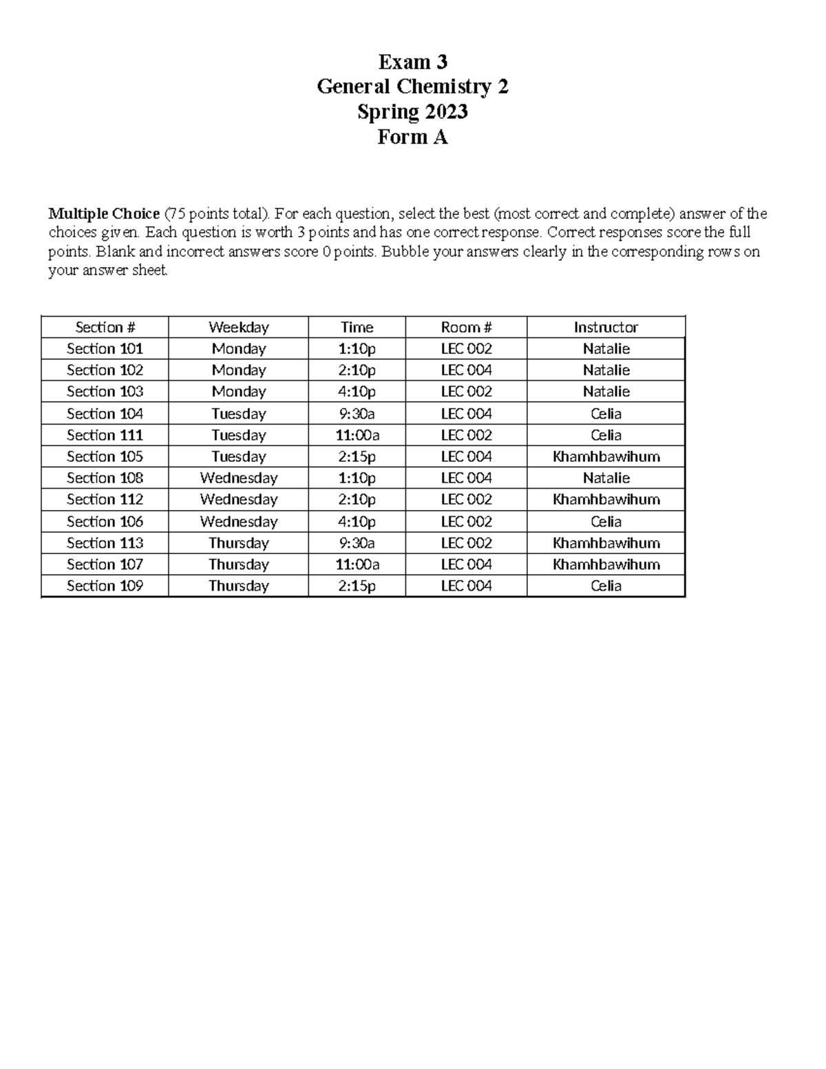 Ex 3 form A GC2 Sp23 - Tagged - Exam 3 General Chemistry 2 Spring 2023 ...