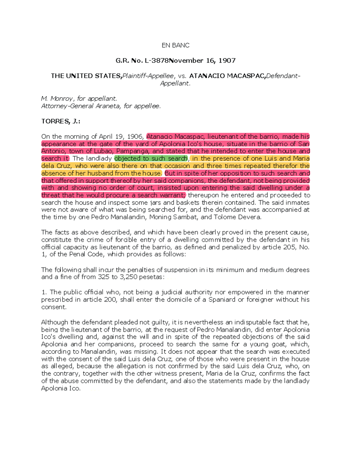 US vs. Macaspac, G.R. No. 3878, November 16, 1907 (Violation of ...