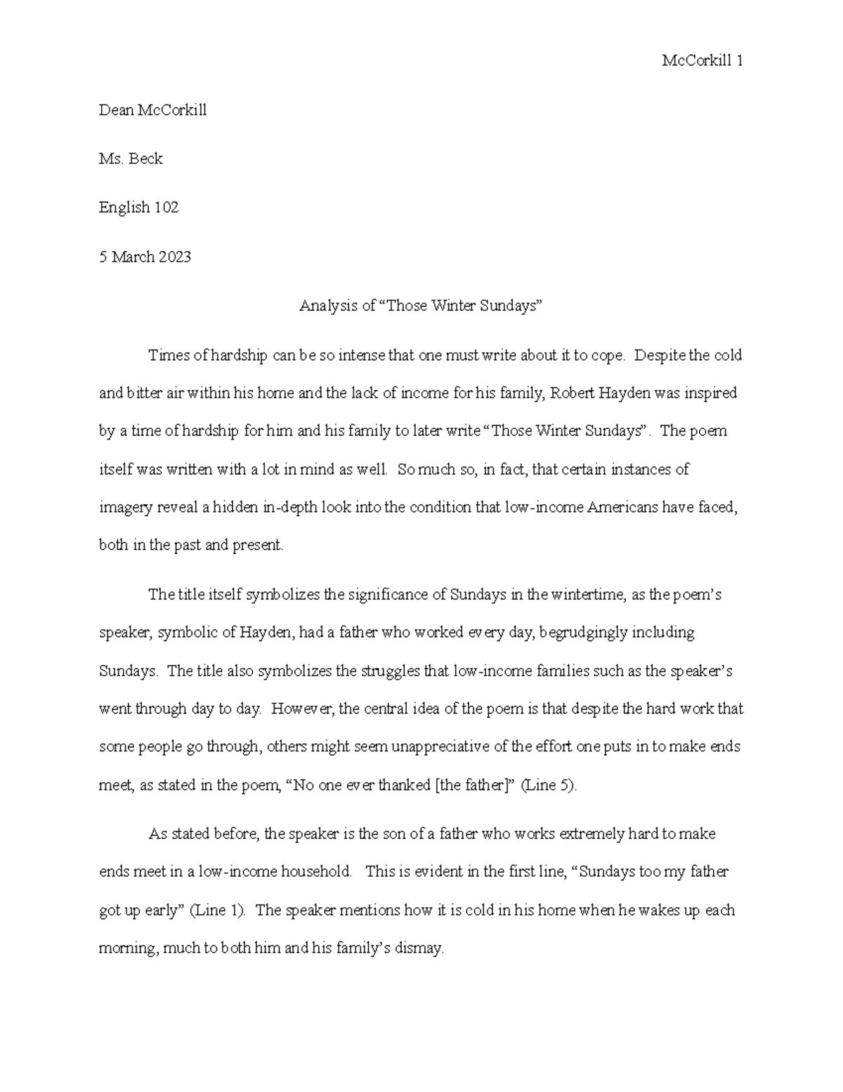 Those winter sundays analysis mccorkill 1 dean mccorkill ms beck