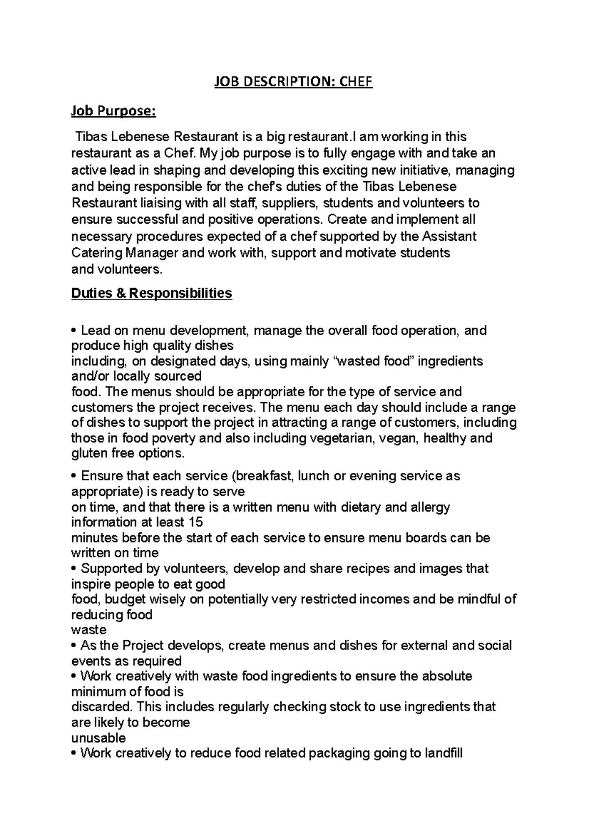 Chef Job Description Studocu