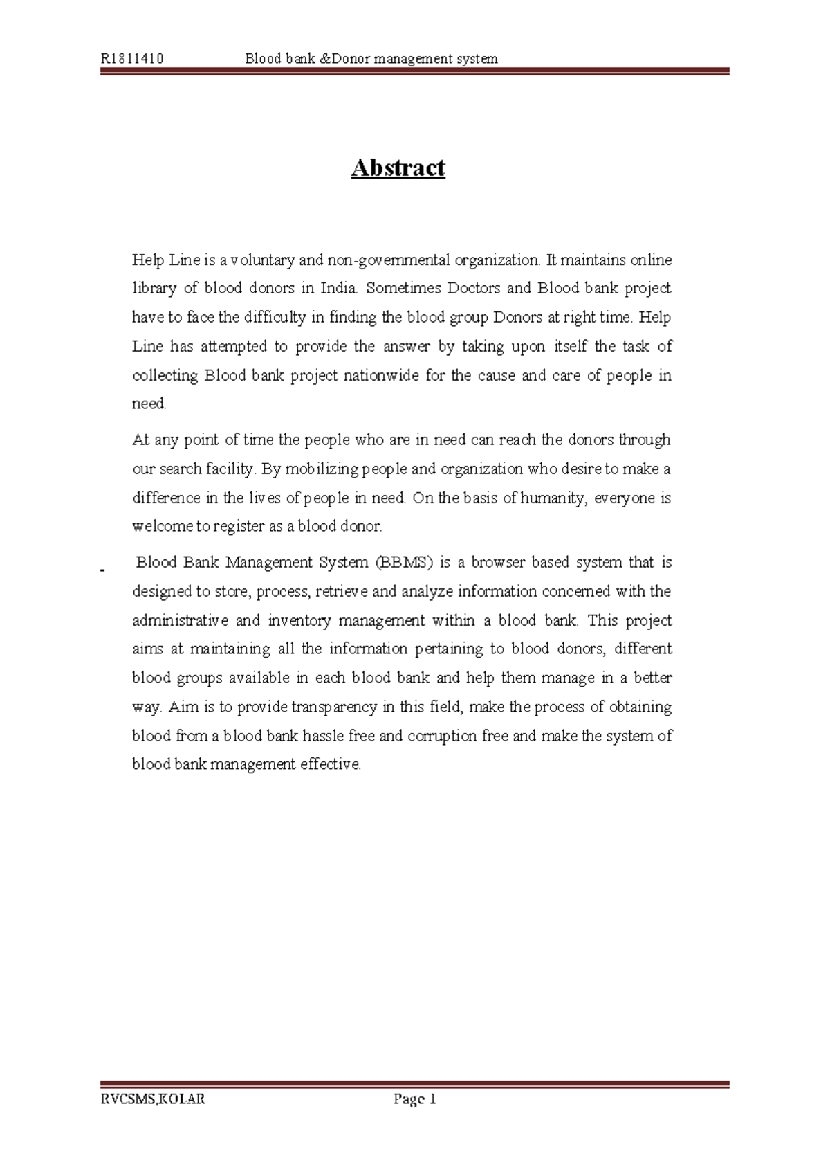 Blood bank - Blod bank project work description - Abstract Help Line is ...