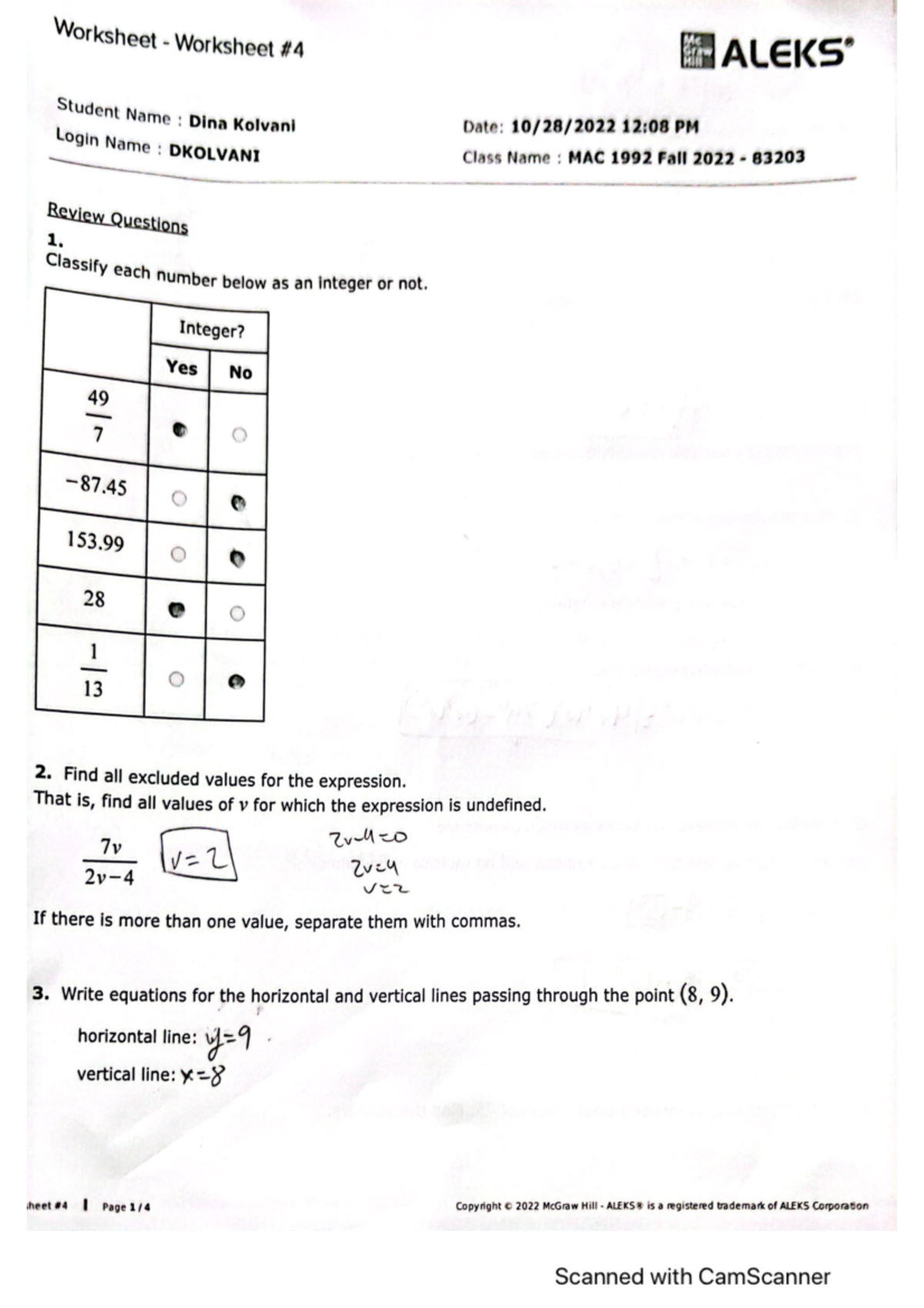 Practice Questions Worksheet Worksheet ALEKS Student Name Dina