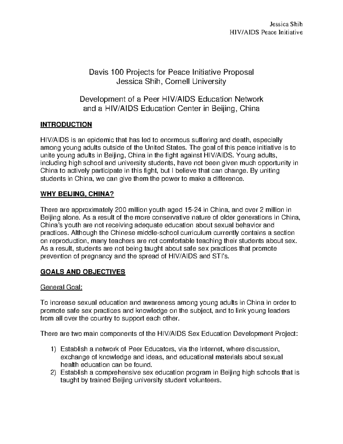 Sexual Education Development Program Proposal Jessica Shih Hivaids Peace Initiative Davis 100 8144