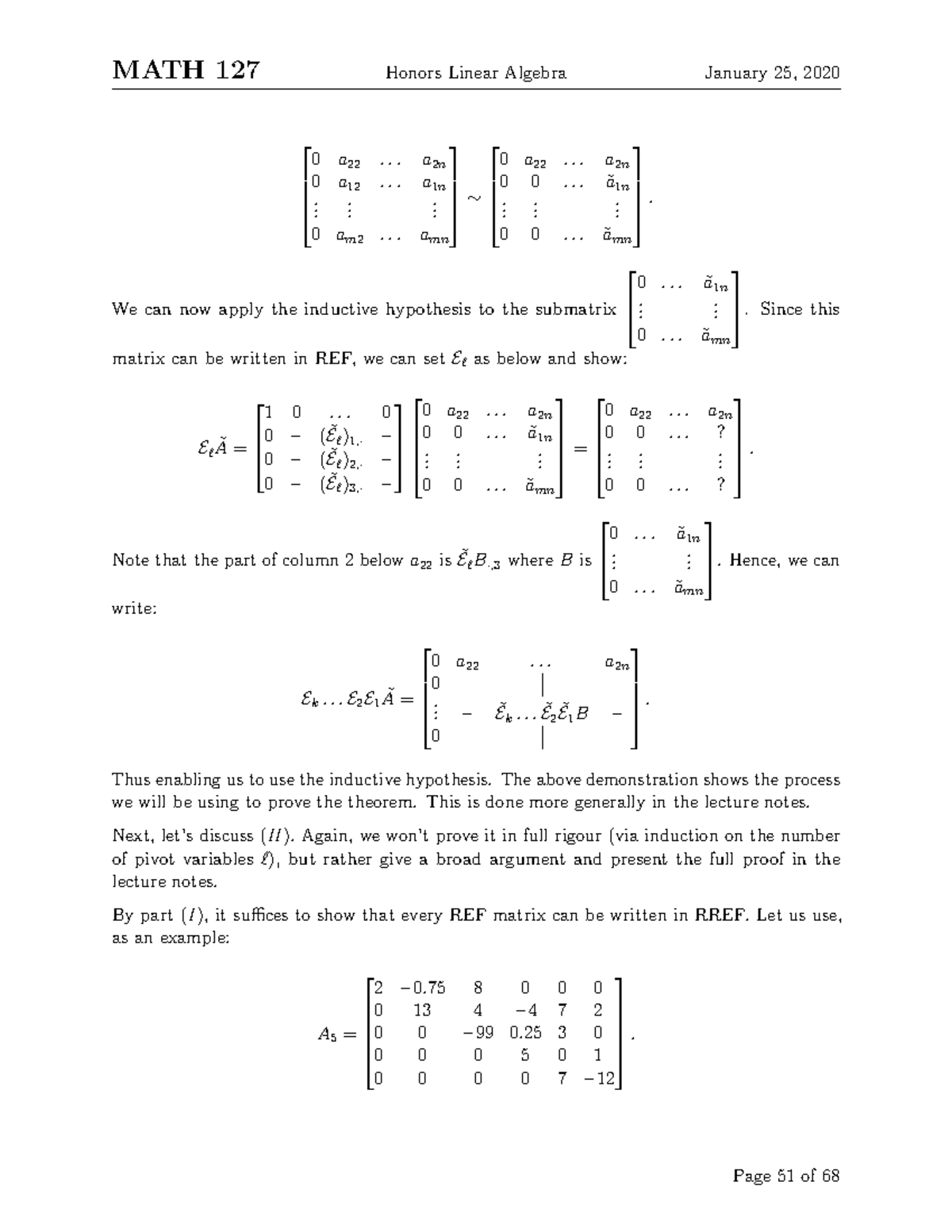 MATH 235-51 - Lecture notes 51 - MATH 127 Honors Linear Algebra January ...