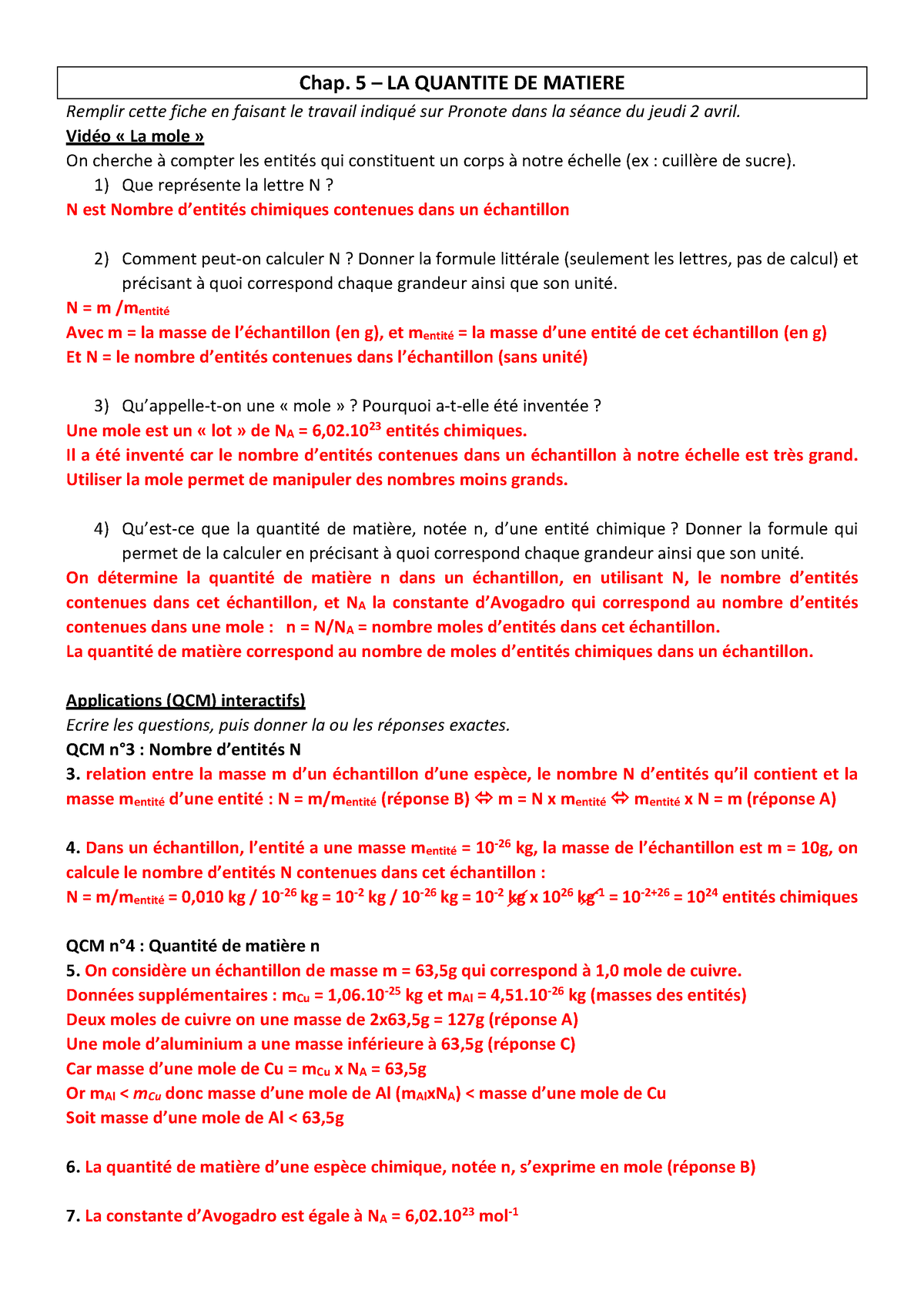 La Quantit De Mati Re Chap La Quantite De Matiere Remplir Cette Fiche En Faisant Le