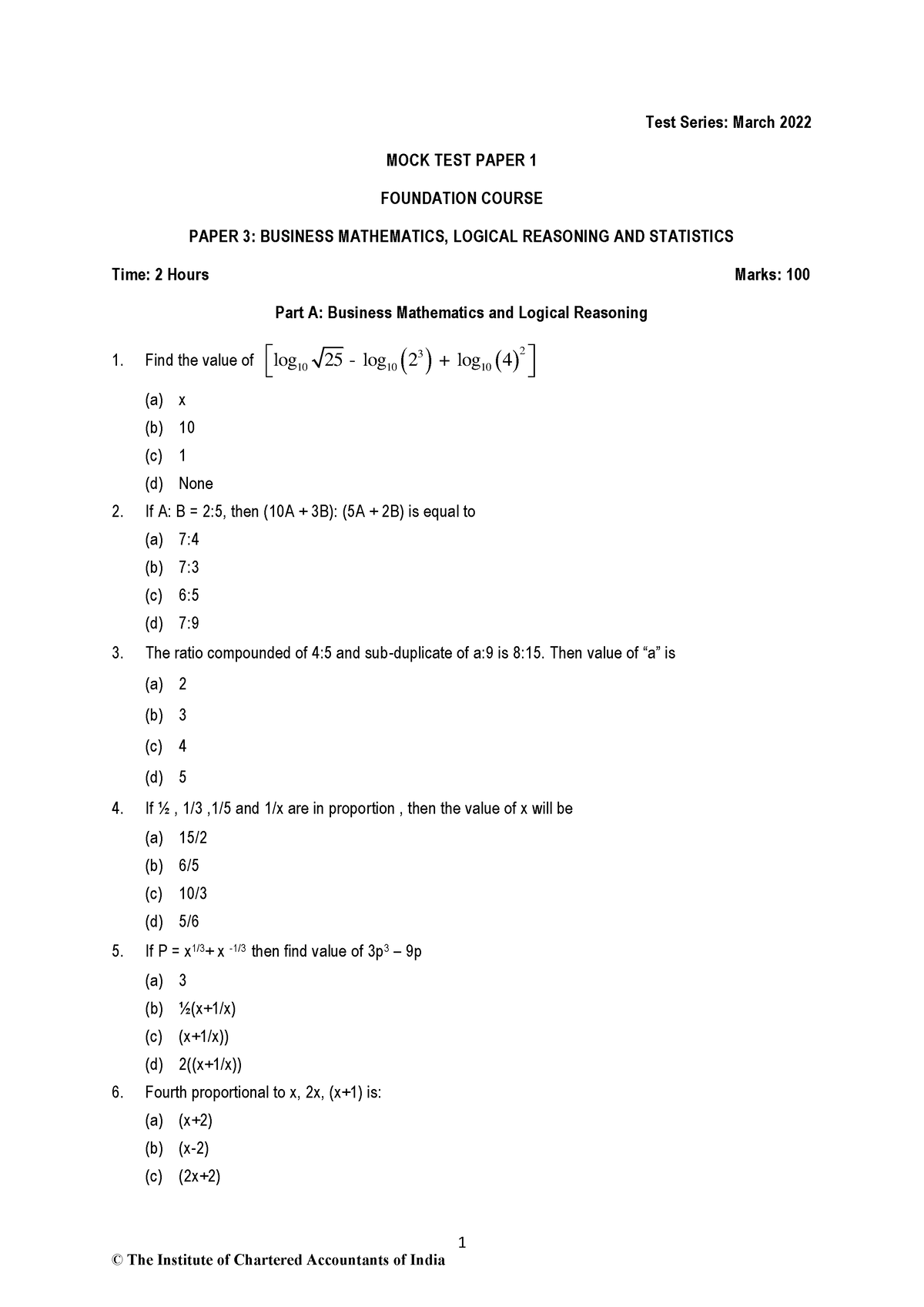 Mtp Maths March Test Series March Mock Test Paper