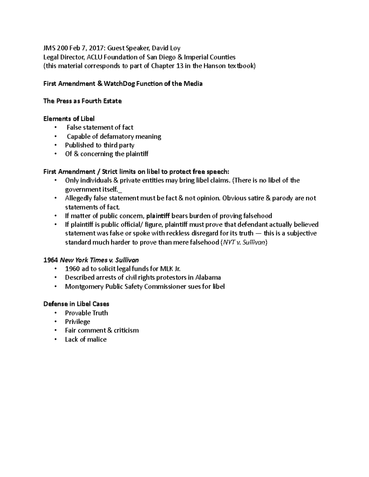 JMS 1st Ammendment - notes about the 1st amendment, several questions ...