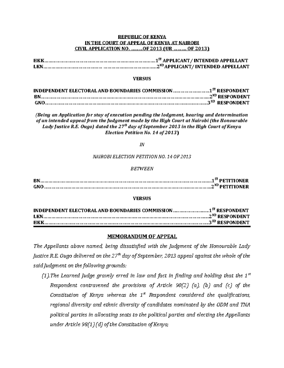 Memo of Appeal - REPUBLIC OF KENYA IN THE COURT OF APPEAL OF KENYA AT ...