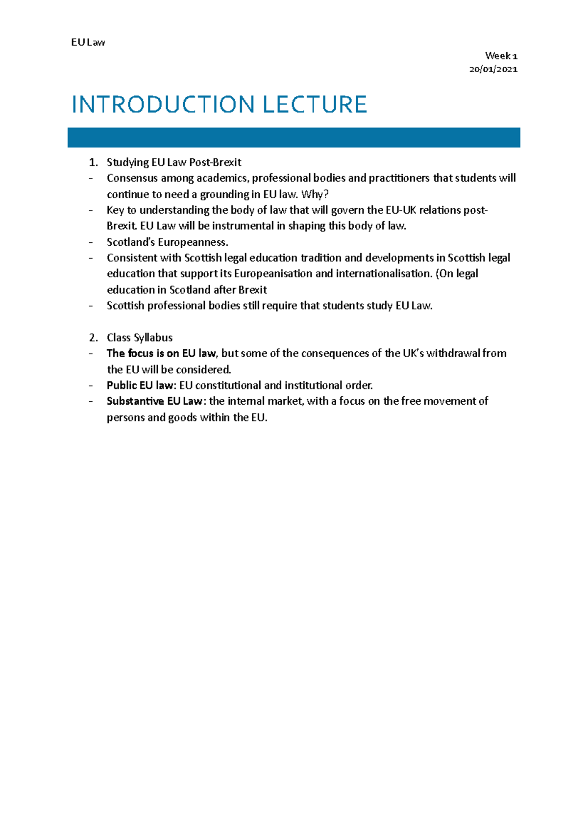 Introductory lecture - EU Law Week 1 20/01/ INTRODUCTION LECTURE ...