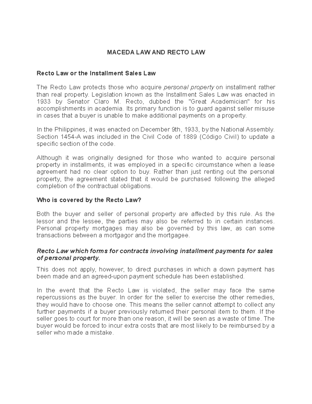 Maceda LAW AND Recto LAW MACEDA LAW AND RECTO LAW Recto Law or the