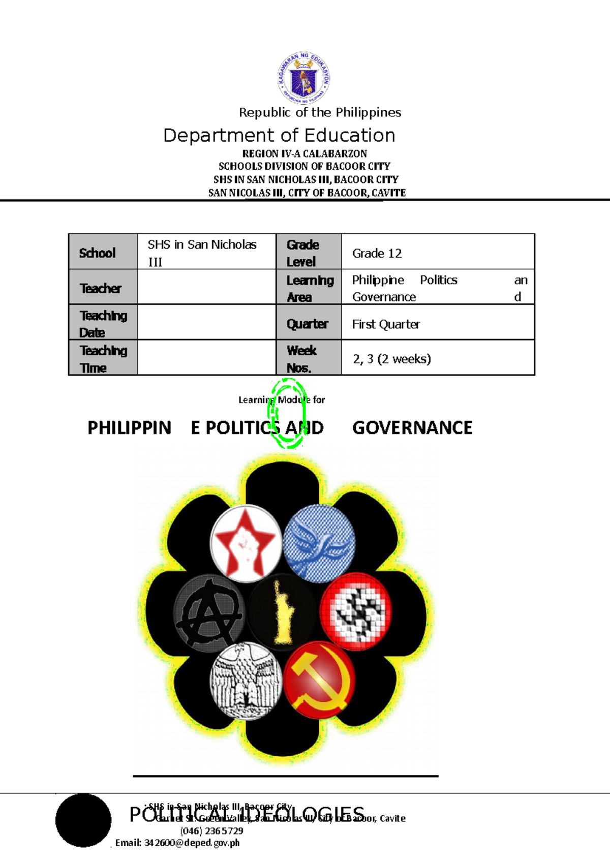 Quarter 1 Week 2 3 Philippine Politics and Governance - : SHS in San ...