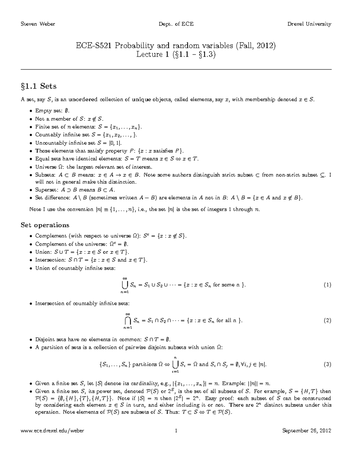 Lecture 1 - ECE-S521 Probability And Random Variables (Fall, 2012 ...